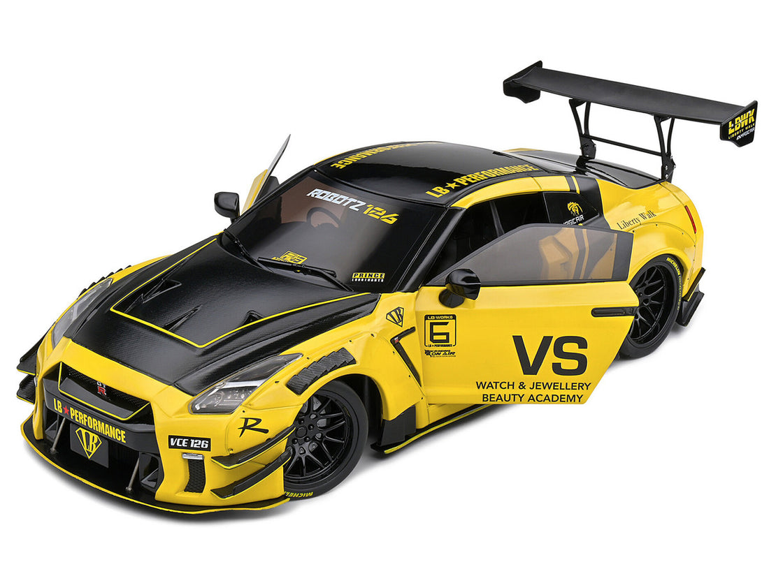 Nissan Skyline GT-R (R35) Liberty Walk Body Kit 2.0 RHD (Right Hand Drive) Yellow with Black Hood and Top 1/18 Diecast Model Car by Solido-2