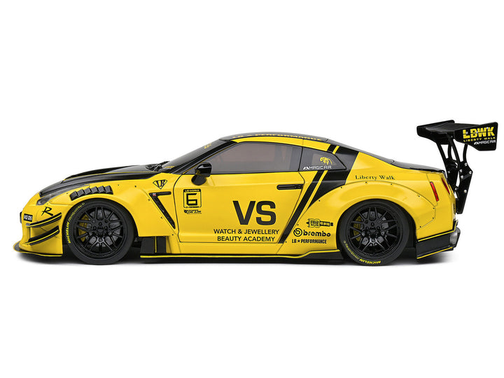 Nissan Skyline GT-R (R35) Liberty Walk Body Kit 2.0 RHD (Right Hand Drive) Yellow with Black Hood and Top 1/18 Diecast Model Car by Solido-0