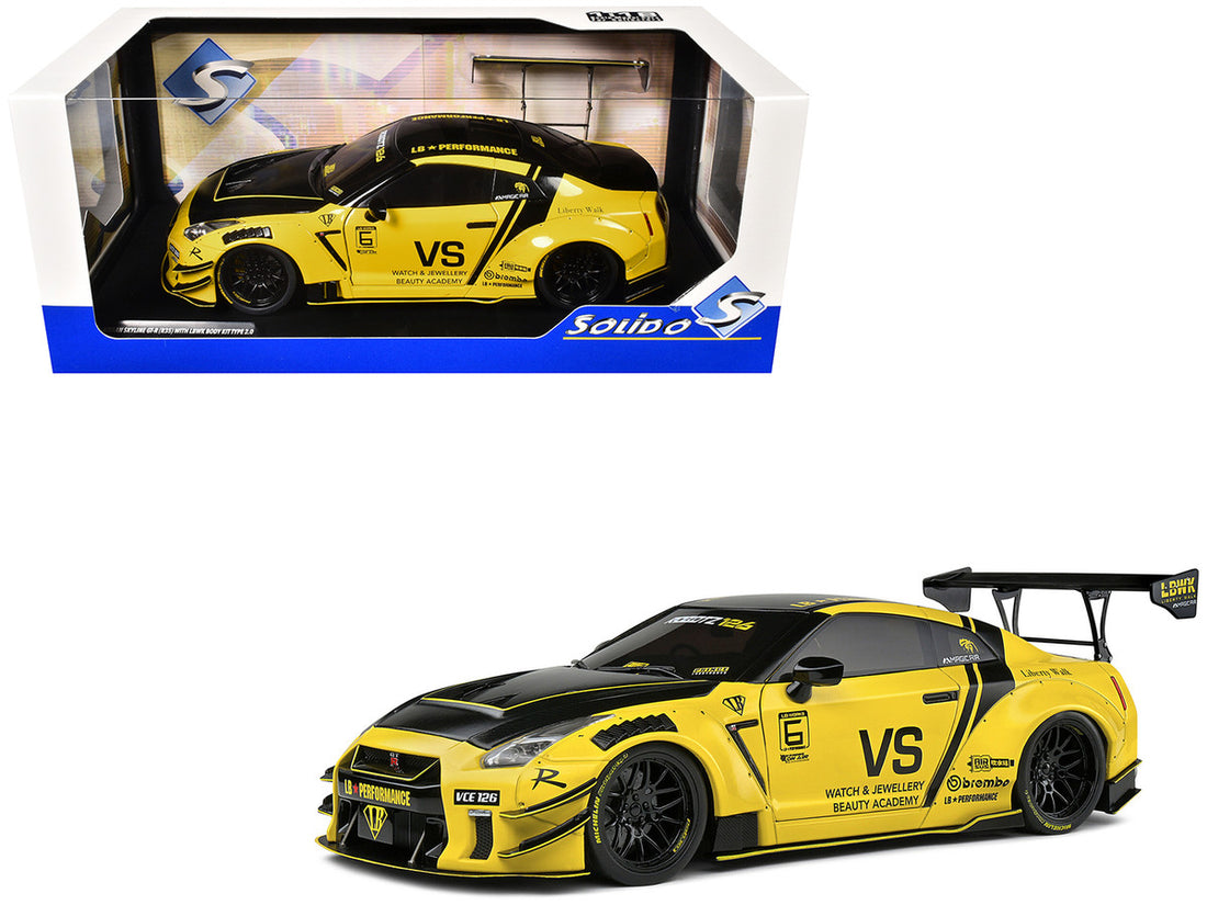 Nissan Skyline GT-R (R35) Liberty Walk Body Kit 2.0 RHD (Right Hand Drive) Yellow with Black Hood and Top 1/18 Diecast Model Car by Solido-4