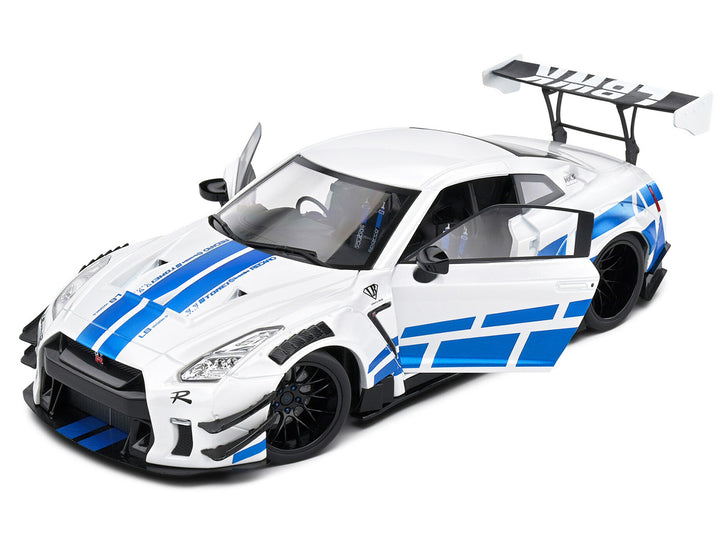 Nissan 2024 GT-R (R35) RHD (Right Hand Drive) with Liberty Walk 2.0 Body Kit White Metallic with Blue Stripes "For Paul Tribute" 1/18 Diecast Model Car by Solido