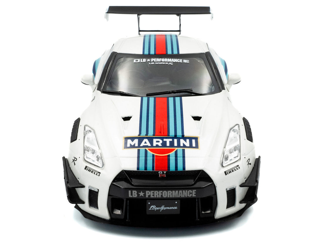 2024 Nissan GT-R (R35) RHD (Right Hand Drive) with Liberty Walk 2.0 Body Kit "Martini Racing" White with Stripes 1/18 Diecast Model Car by Solido