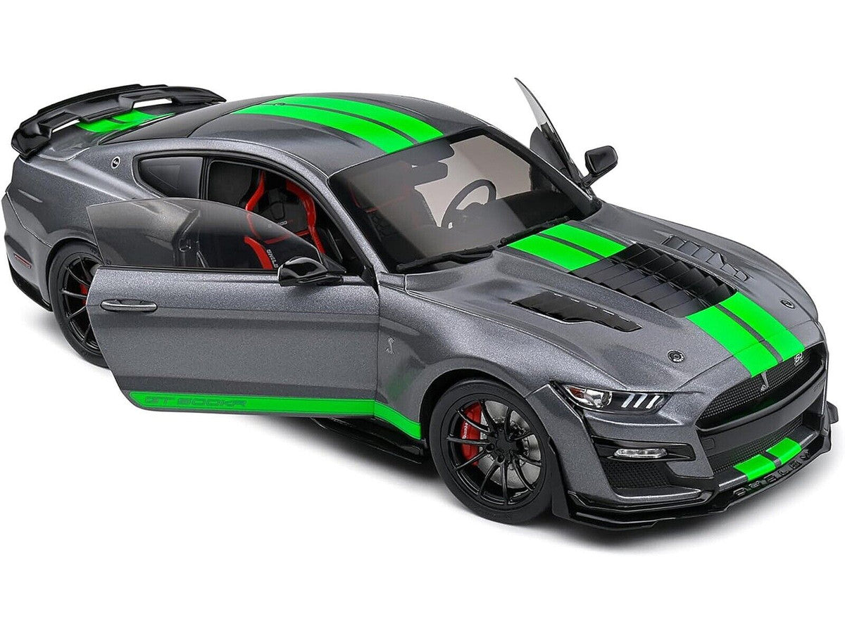 2020 Ford Shelby Mustang GT500 Carbonized Gray Metallic with Neon Green Stripes 1/18 Diecast Model Car by Solido-1