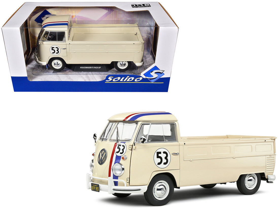 1950 Volkswagen T1 Pickup Truck Racer #53 Cream with Stripes 1/18 Diecast Model Car by Solido-0