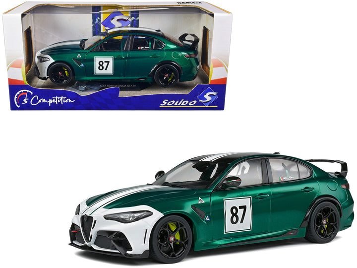 2021 Alfa Romeo Giulia GTA M #87 Green Metallic with Carbon Top and White Stripes "Nurburgring 1973" Tribute "Competition" Series 1/18 Diecast Model Car by Solido-0