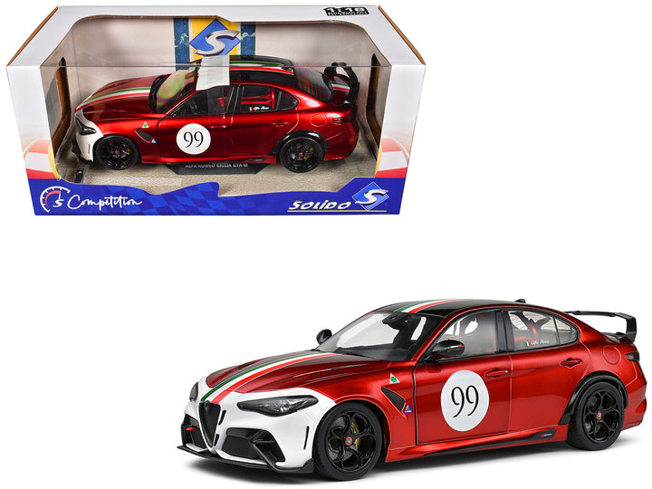 2022 Alfa Romeo Giulia GTAm #99 Red Metallic with Black Top and Italian Flag Stripes "Mugello 1969" Livery "Competition" Series 1/18 Diecast Model Car by Solido-0