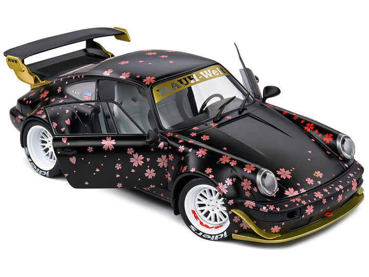 2021 RWB Aoki Matt Black with Cherry Blossom Graphics "Rauh WeltBegriff" 1/18 Diecast Model Car by Solido-1