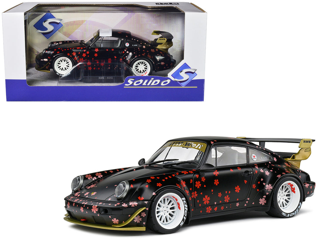 2021 RWB Aoki Matt Black with Cherry Blossom Graphics "Rauh WeltBegriff" 1/18 Diecast Model Car by Solido-0