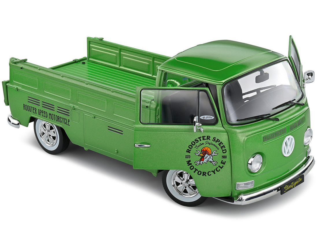 1968 Volkswagen T2 Pickup Truck Green Metallic "Rooster Speed Motorcycle" 1/18 Diecast Model Car by Solido-1