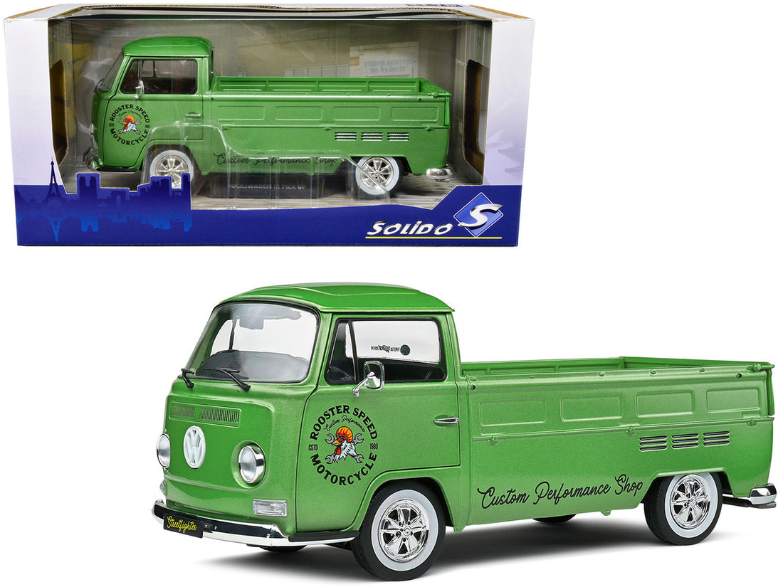 1968 Volkswagen T2 Pickup Truck Green Metallic "Rooster Speed Motorcycle" 1/18 Diecast Model Car by Solido-0