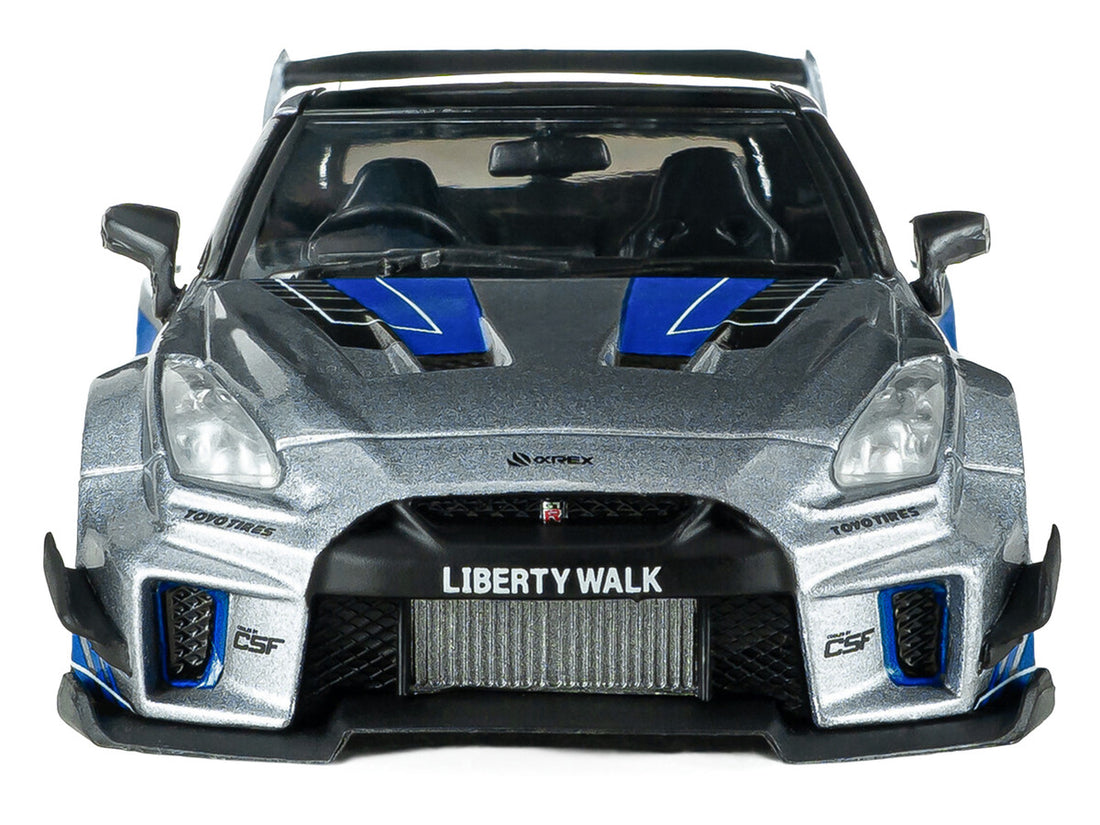 2020 Nissan GT-R (R35) Liberty Walk Silhouette RHD (Right Hand Drive) Silver Metallic with Black Top and Blue Graphics 1/43 Diecast Model Car by Solido
