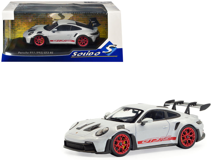 Porsche 2023 911 (992) GT3 RS Ice Gray Metallic with Pyro Red Stripes 1/43 Diecast Model Car by Solido