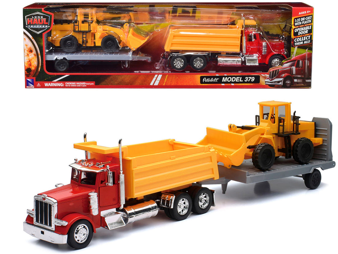 Peterbilt 379 Dump Truck Red and Wheel Loader Yellow with Flatbed Trailer "Long Haul Truckers" Series 1/32 Diecast Model by New Ray-0