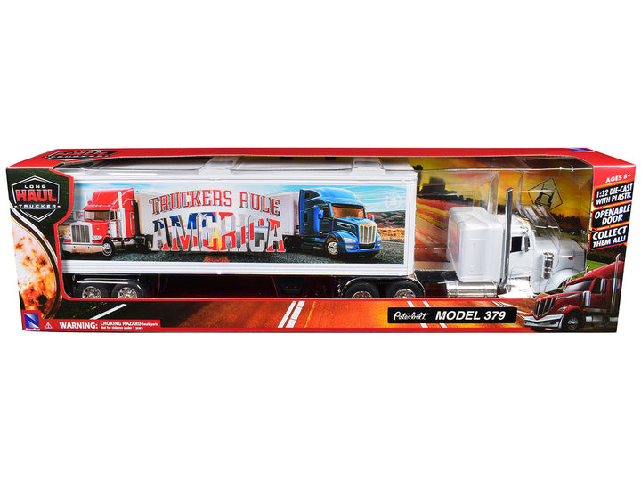 Peterbilt 379 Truck White with Dry Van Trailer "Truckers Rule America" "Long Haul Truckers" Series 1/32 Diecast Model by New Ray 2