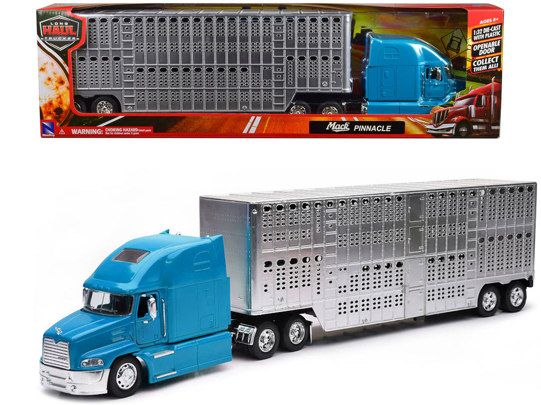 Mack Pinnacle Truck with Pot Belly Livestock Trailer Blue and Chrome "Long Haul Truckers" Series 1/32 Diecast Model by New Ray-0