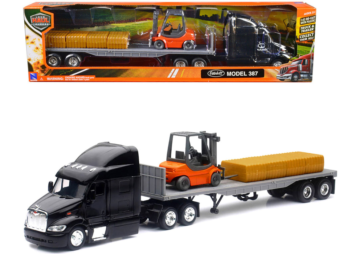 Peterbilt 387 Truck with Flatbed Trailer Black with Forklift and Hay Bales "Long Haul Trucker" Series 1/43 Diecast Model by New Ray-0