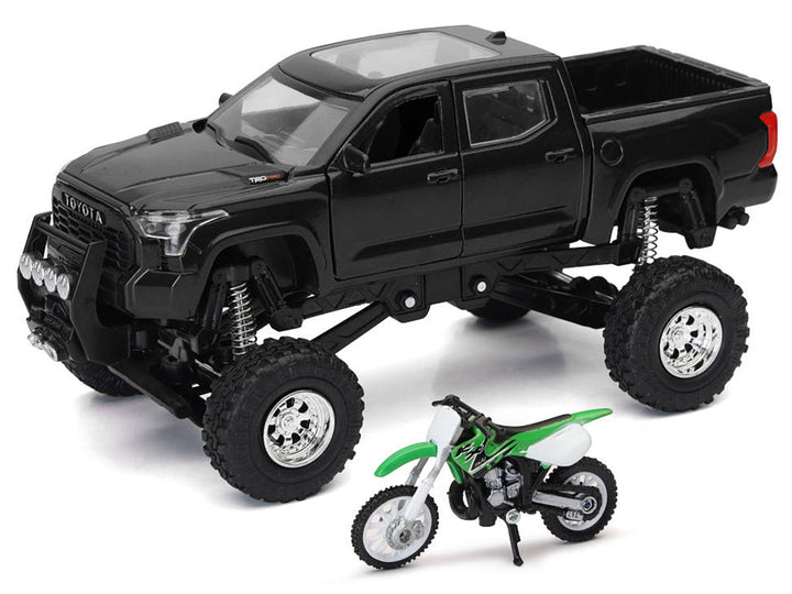 Toyota Tundra Pro Pickup Truck Black and Kawasaki KX 250 Motorcycle Green and White "Xtreme Off-Road" Series 1/32 Diecast Models by New Ray 2
