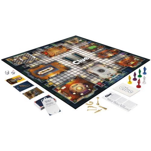 Clue Reimagined board game with Tudor Mansion game board and components