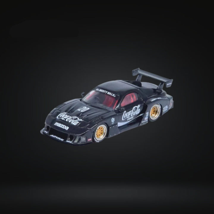 Mazda RX-7 LBWK in Black 1:64 by Inno64 IN64-LBWK-RX7-01 Angled Left Front View