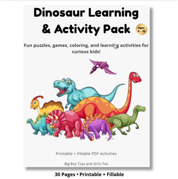 Dinosaur Learning & Activity Pack - 30 Page Printable + Fillable PDF for Ages 6-10