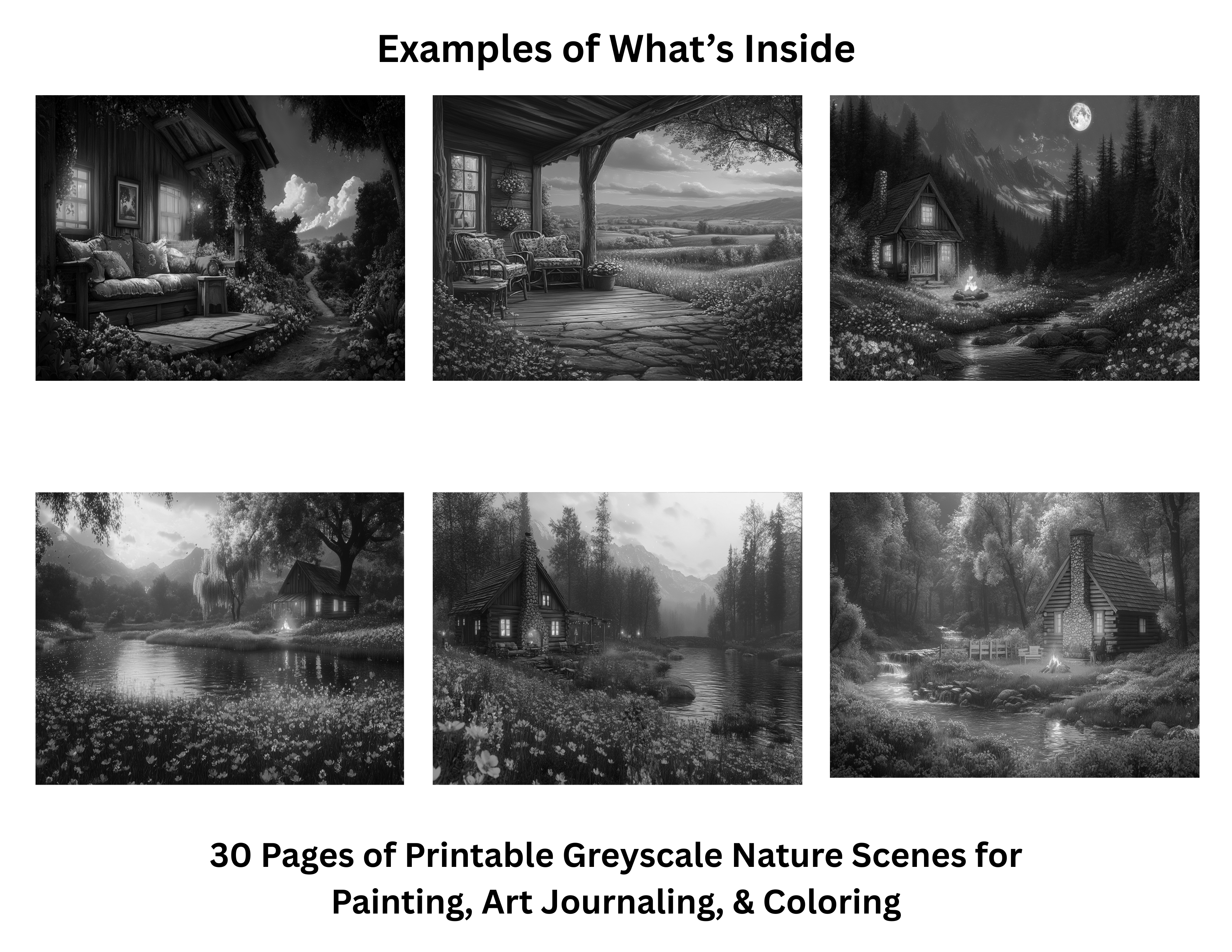 Cozy Cabins – Greyscale Nature Scenes for Painting, Art Journaling & Relaxation – Volume One (Digital Download) 3