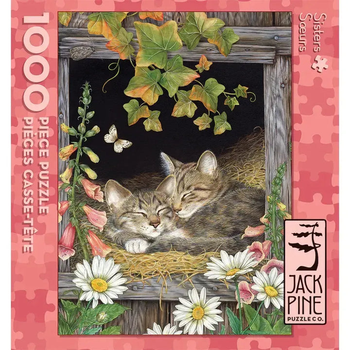 Jack Pine Sisters 1000 Piece Jigsaw Puzzle featuring two kittens with flowers and butterflies