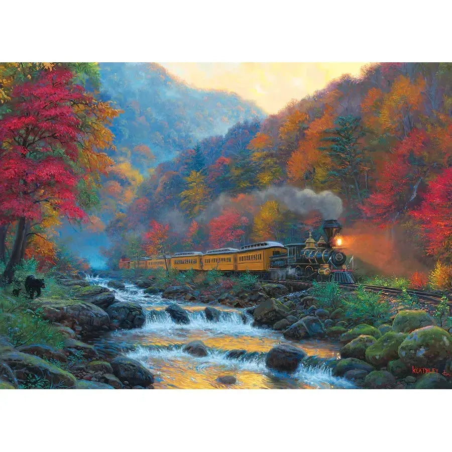 Jack Pine Smoky Train 1000 Piece Jigsaw Puzzle featuring a train in an autumn mountain landscape - image