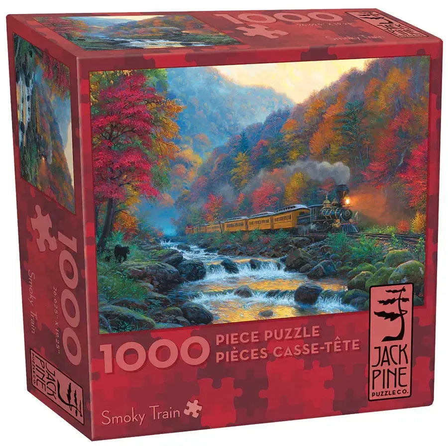 Jack Pine Smoky Train 1000 Piece Jigsaw Puzzle featuring a train in an autumn mountain landscape