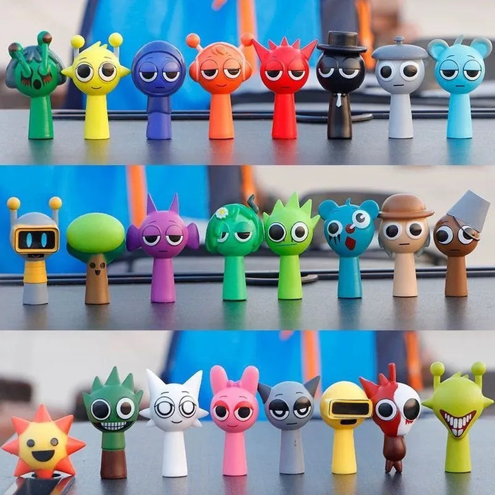 Complete Sprunki PVC figure collection displayed on shelves