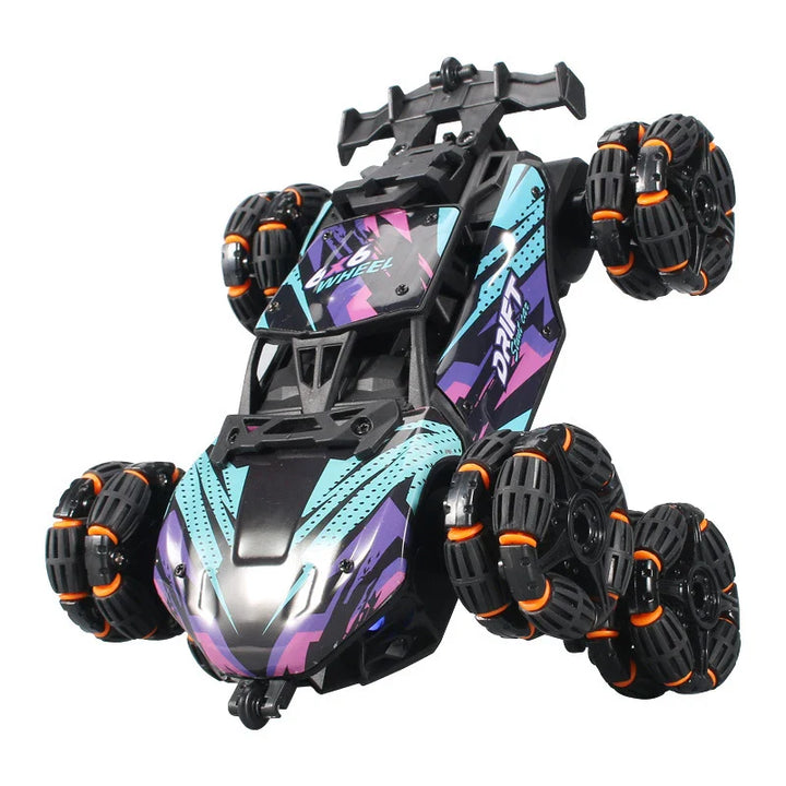 Six-wheel RC stunt drift car with futuristic body design and LED lighting