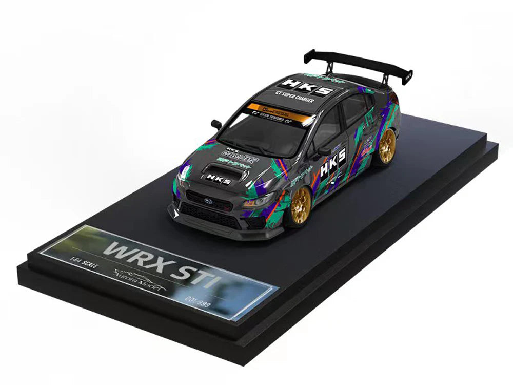 Subaru WRX STI HKS 1:64 Scale Diecast Model by Aurora Model Display Stand View