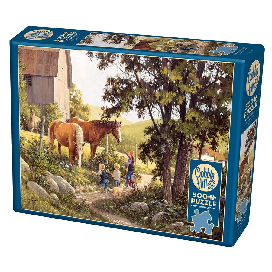 Cobble Hill Summer Horses 500 Piece Jigsaw Puzzle featuring horses in a summer country scene