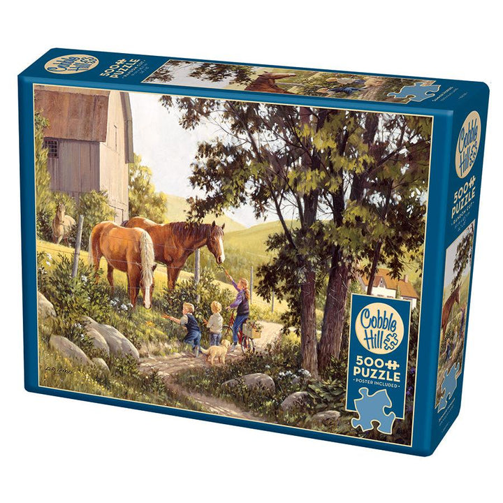 Cobble Hill Summer Horses 500 Piece Jigsaw Puzzle featuring horses in a summer country scene
