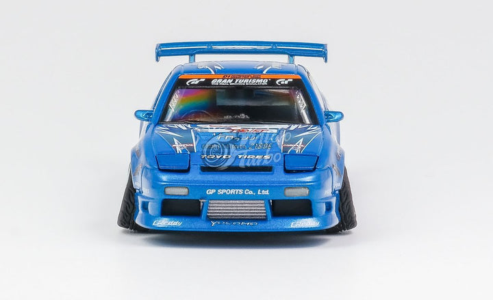 Nissan 180SX Type X Team "TOYO TIRES" Drift Metallic Blue 1:64 by MicroTurbo Front View 2