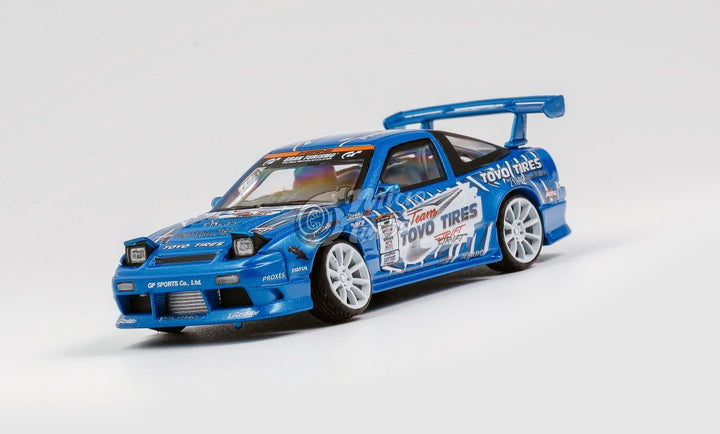 Nissan 180SX Type X Team "TOYO TIRES" Drift Metallic Blue 1:64 by MicroTurbo Front Driver Angle View