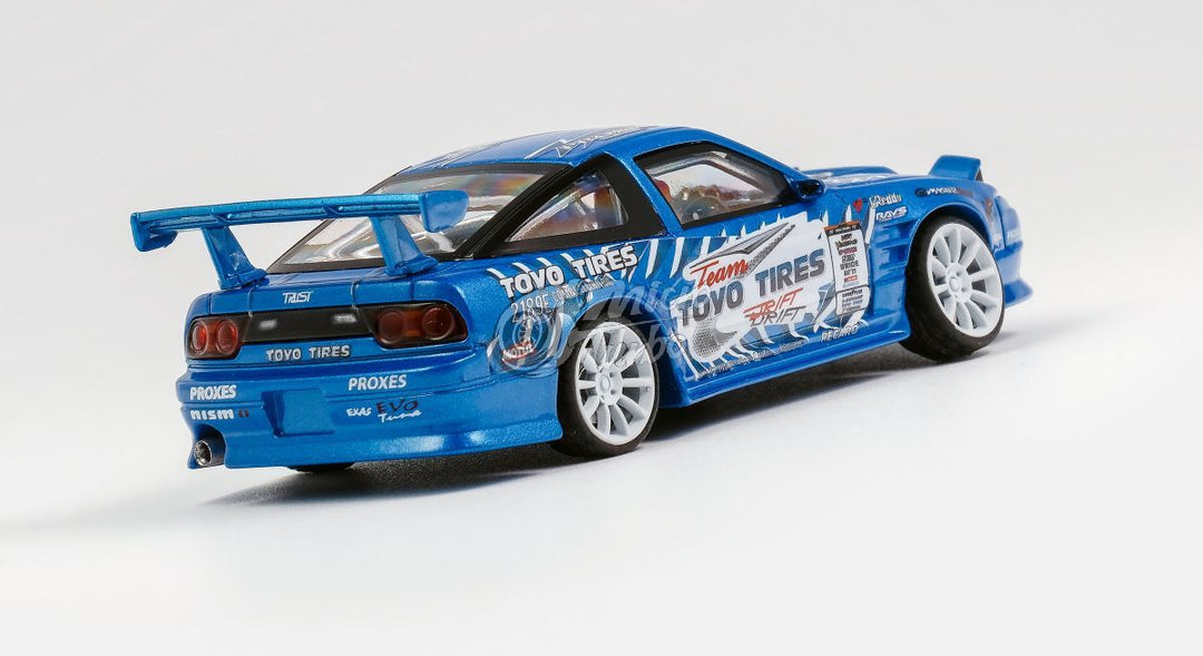 Nissan 180SX Type X Team "TOYO TIRES" Drift Metallic Blue 1:64 by MicroTurbo Rear Angle View