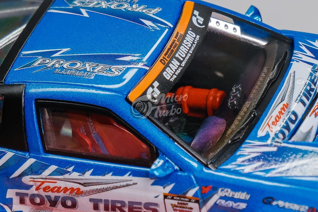 Nissan 180SX Type X Team "TOYO TIRES" Drift Metallic Blue 1:64 by MicroTurbo Window View Close Up