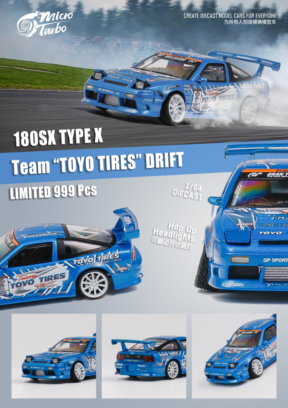 Nissan 180SX Type X Team "TOYO TIRES" Drift Metallic Blue 1:64 by MicroTurbo Brouchure