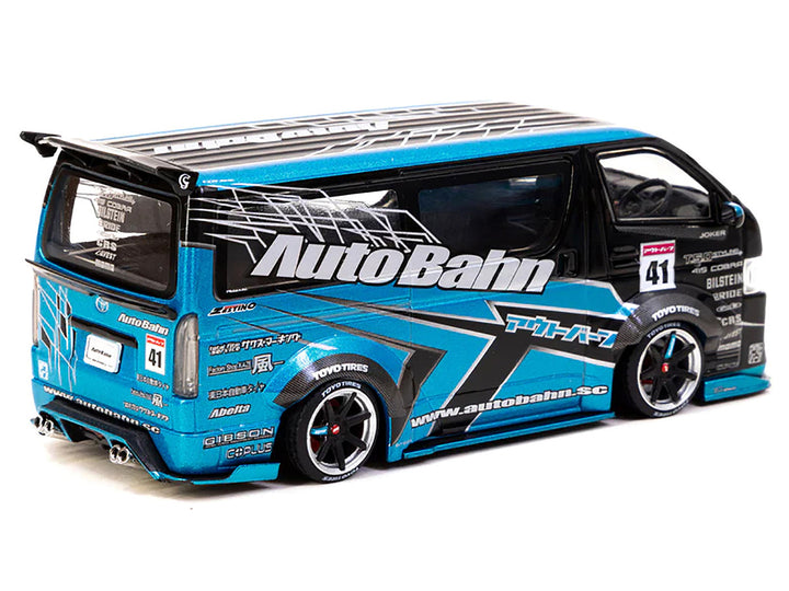 Toyota Hiace Widebody Van RHD (Right Hand Drive) "AutoBahn" Blue Metallic and Black with Graphics "Hobby43" Series 1/43 Diecast Model Car by Tarmac Works-1