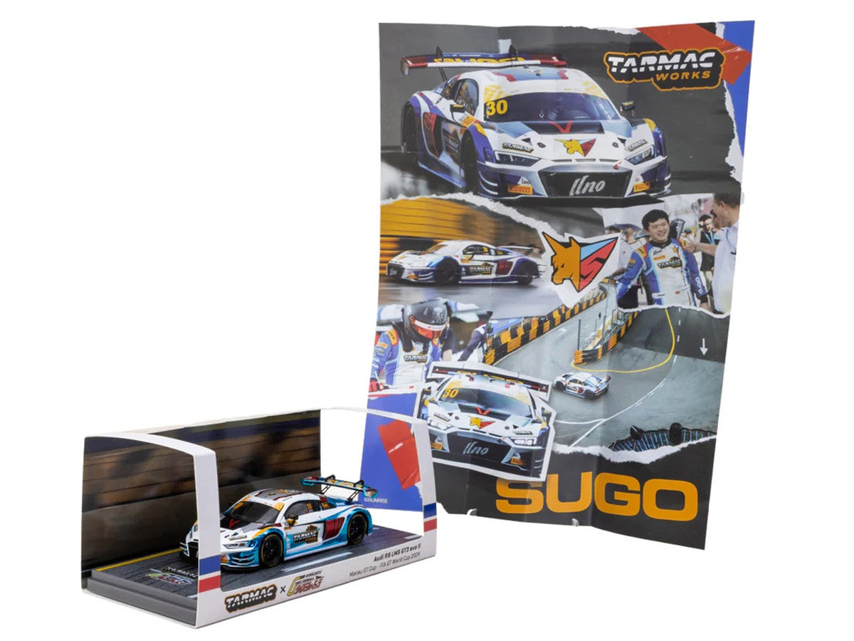 Audi R8 LMS GT3 evo II #30 James Yu "Uno Racing Team" "Macau GT Cup - FIA GT World Cup" (2024) with A4 Poster "Hobby43" Series 1/43 Diecast Model Car by Tarmac Works