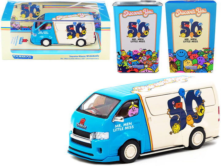 Toyota Hiace Widebody Van "Mr. Men Little Miss 50th Anniversary" (1971-2021) with METAL OIL CAN 1/64 Diecast Model Car by Tarmac Works-0