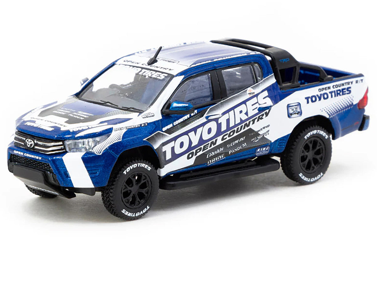 Toyota Hilux Pickup Truck RHD (Right Hand Drive) "Toyo Tires" White and Blue with Graphics "Hobby64" Series 1/64 Diecast Model Car by Tarmac Works-1