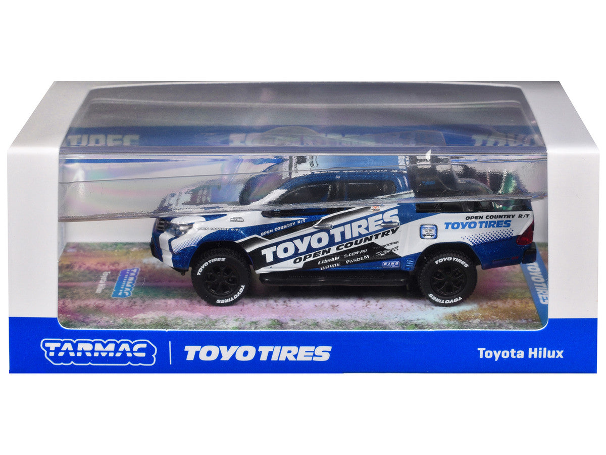 Toyota Hilux Pickup Truck RHD (Right Hand Drive) "Toyo Tires" White and Blue with Graphics "Hobby64" Series 1/64 Diecast Model Car by Tarmac Works-2