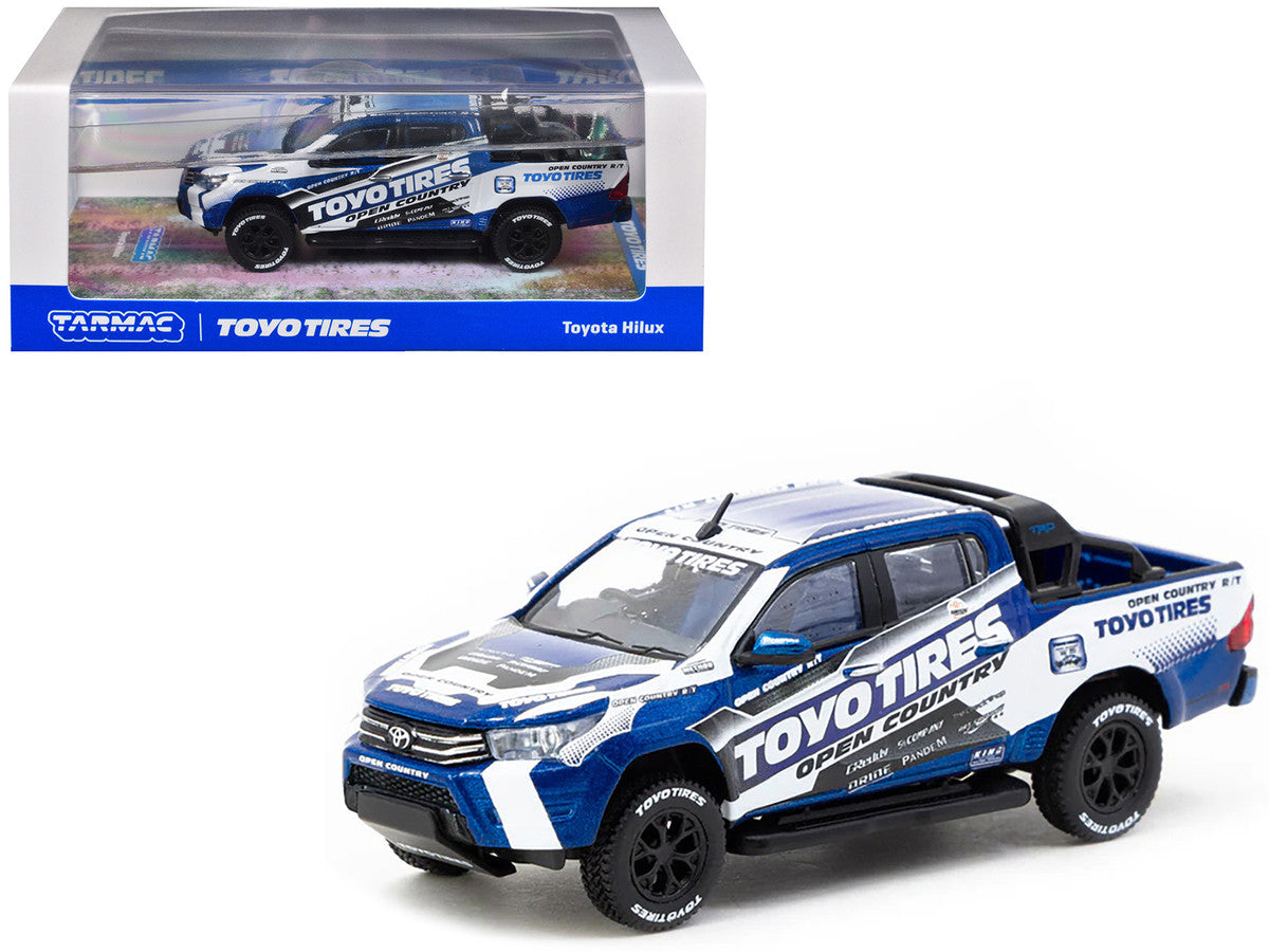 Toyota Hilux Pickup Truck RHD (Right Hand Drive) "Toyo Tires" White and Blue with Graphics "Hobby64" Series 1/64 Diecast Model Car by Tarmac Works-0