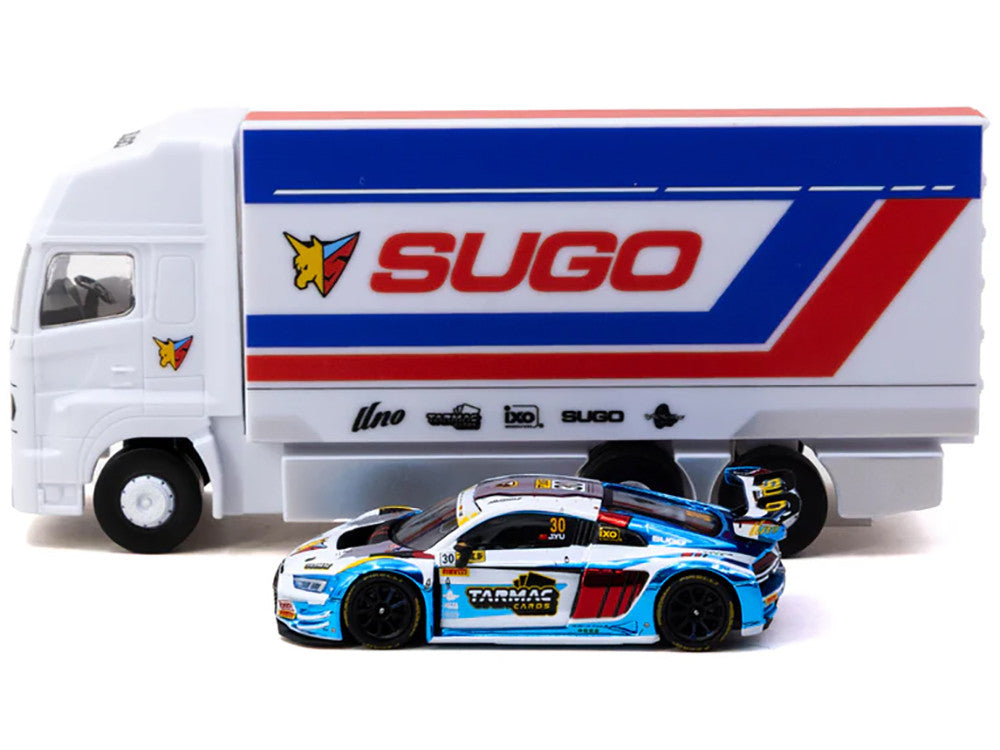 Audi R8 LMS GT3 evo II #30 James Yu "Uno Racing Team" "Macau GT Cup - FIA GT World Cup" (2024) with Plastic Transporter Packaging and Collectible Tarmac Cards "Hobby64" Series 1/64 Diecast Model Car by Tarmac Works-1