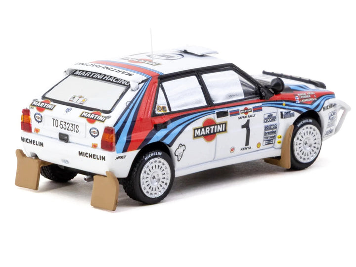Rear view of Lancia Delta HF Integrale #1 Martini Racing 1992 Safari Rally 1/64 diecast model by Tarmac Works.
