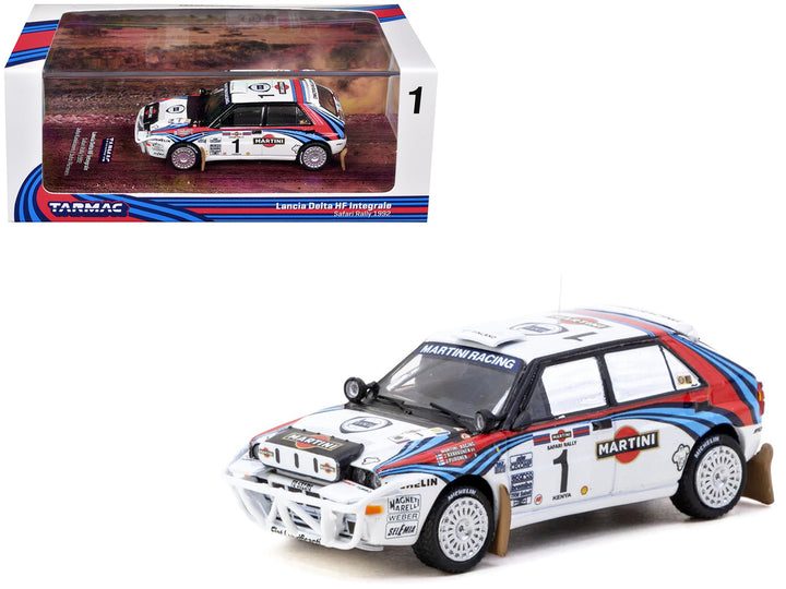 Lancia Delta HF Integrale #1 Juha Kankkunen 1992 Safari Rally Hobby64 collectible model with display packaging.