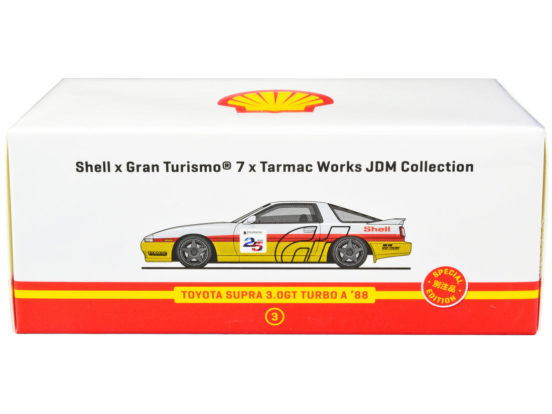 1988 Toyota Supra 3.0GT Turbo A RHD (Right Hand Drive) White and Yellow with Red Stripes "Shell x Gran Turismo 7" Special Edition 1/64 Diecast Model Car by Tarmac Works-0