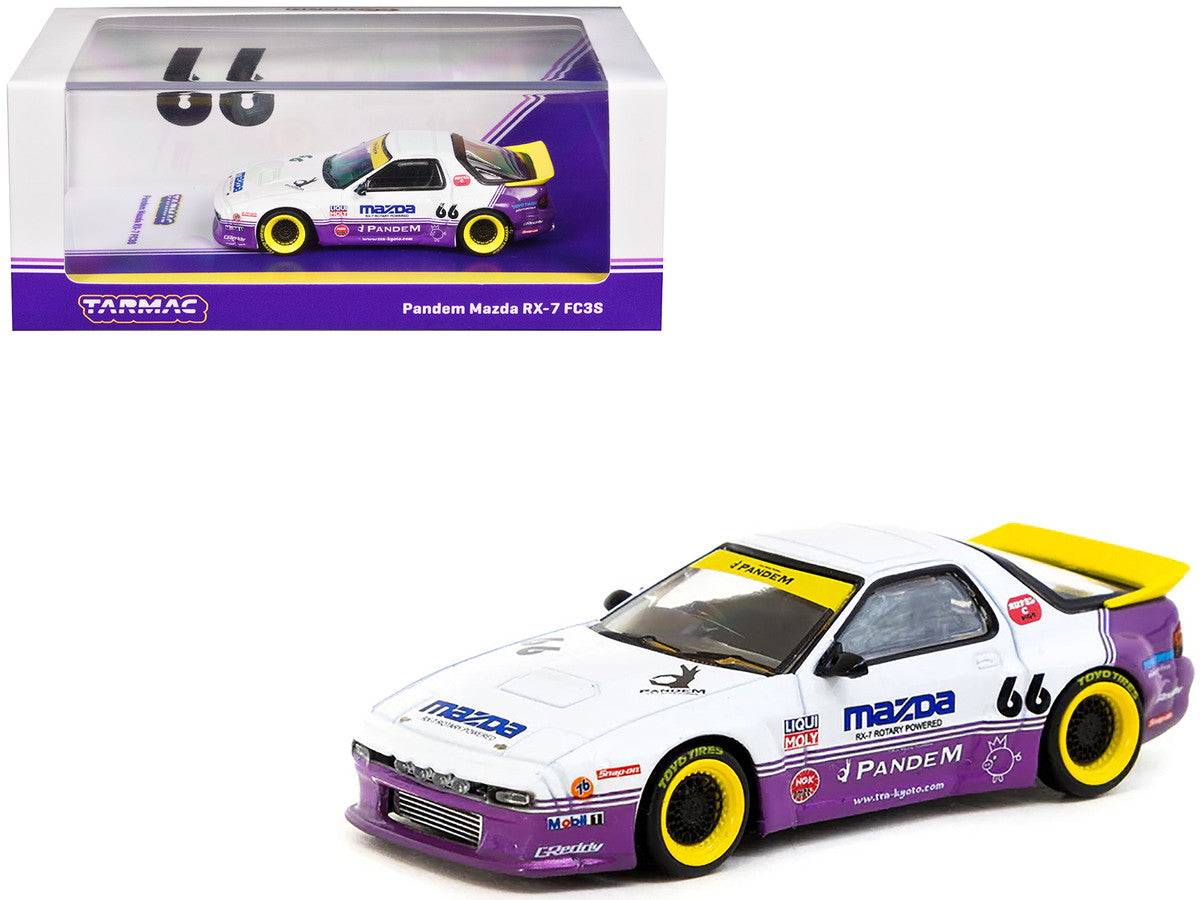 Mazda RX-7 FC3S Pandem RHD (Right Hand Drive) #66 White and Purple with Graphics "Hobby64" Series 1/64 Diecast Model Car by Tarmac Works-0