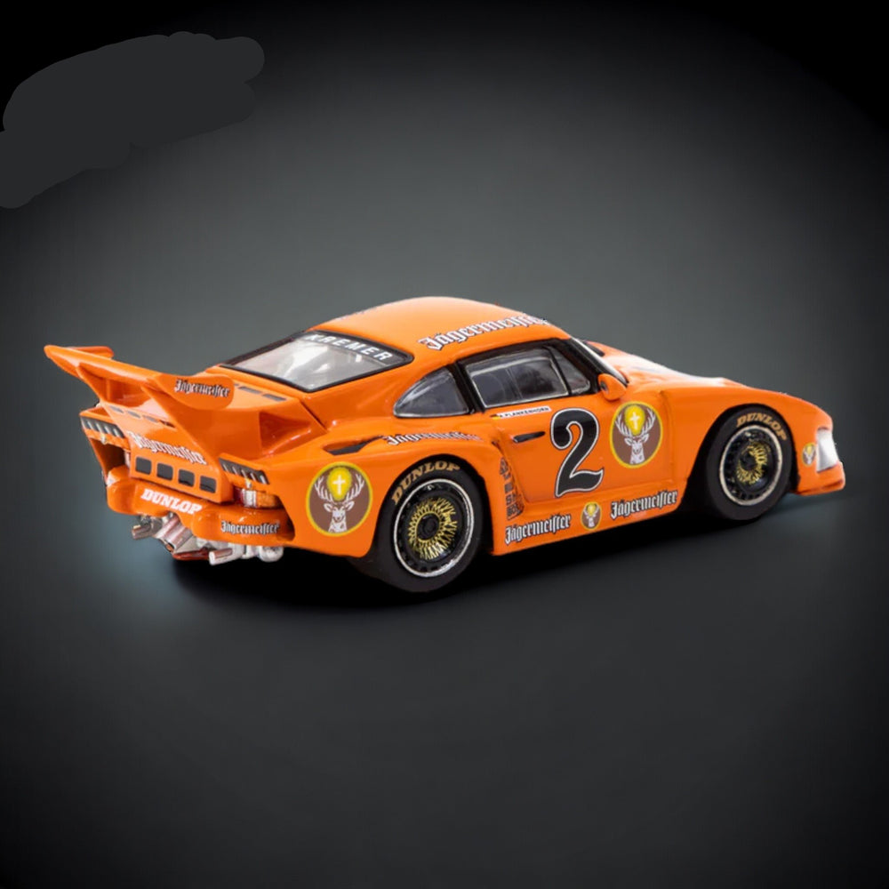 Porsche 935 K3 DRM 1980 Jagermeister #T64-079-80DRM02 1:64 by Tarmac Works Angled Rear View