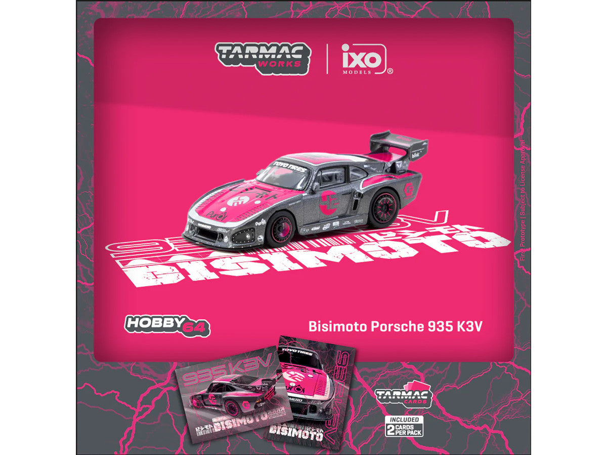 Porsche 935 K3V Bisimoto Gray Metallic with Pink Hood and Top with Tarmac Cards "Hobby64" Series 1/64 Diecast Model by Tarmac Works 2